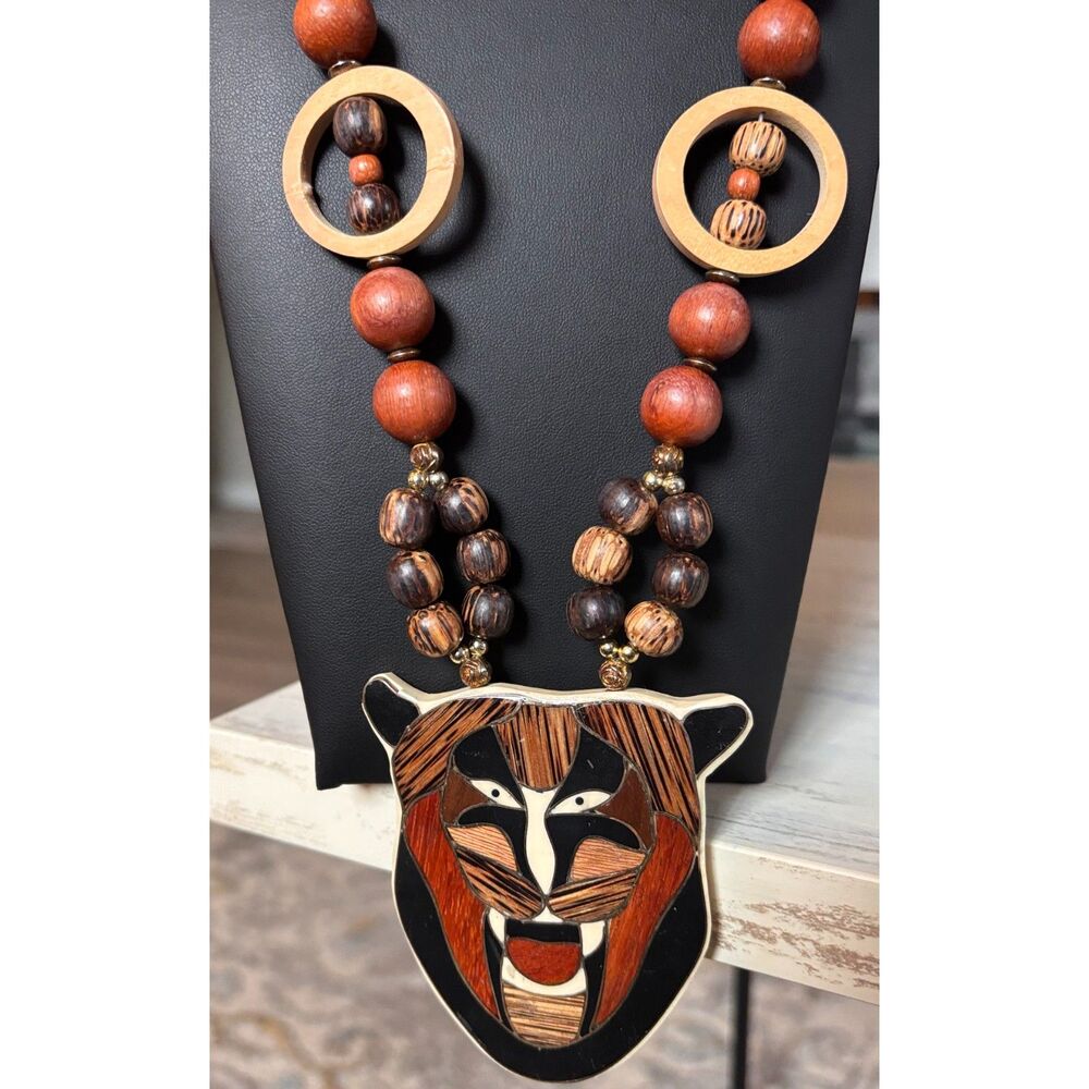 VTG Lee Sands Wood Inlay Tiger Mask Statement Necklace